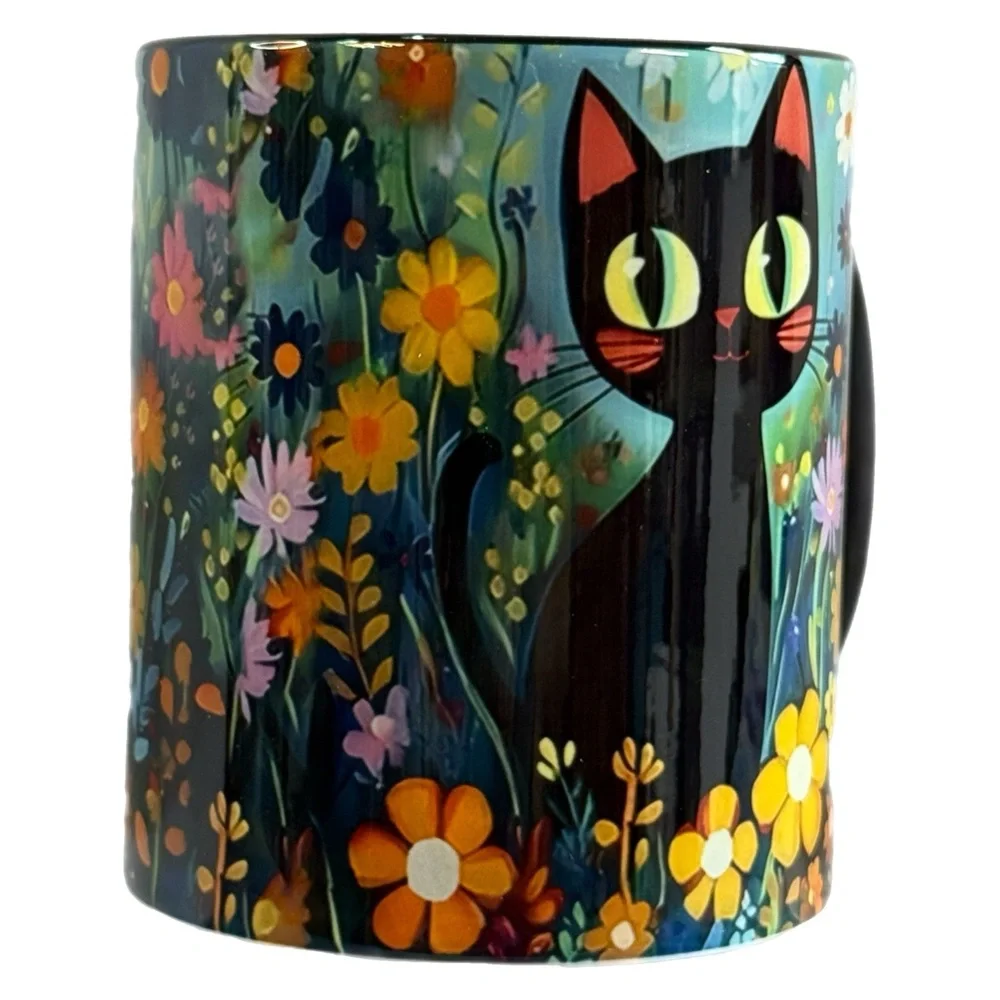 Cute Black Cat Floral Mug - Whimsical Garden Ceramic Cup - DiyTree - Fantasy Art - Picture 3 of 7